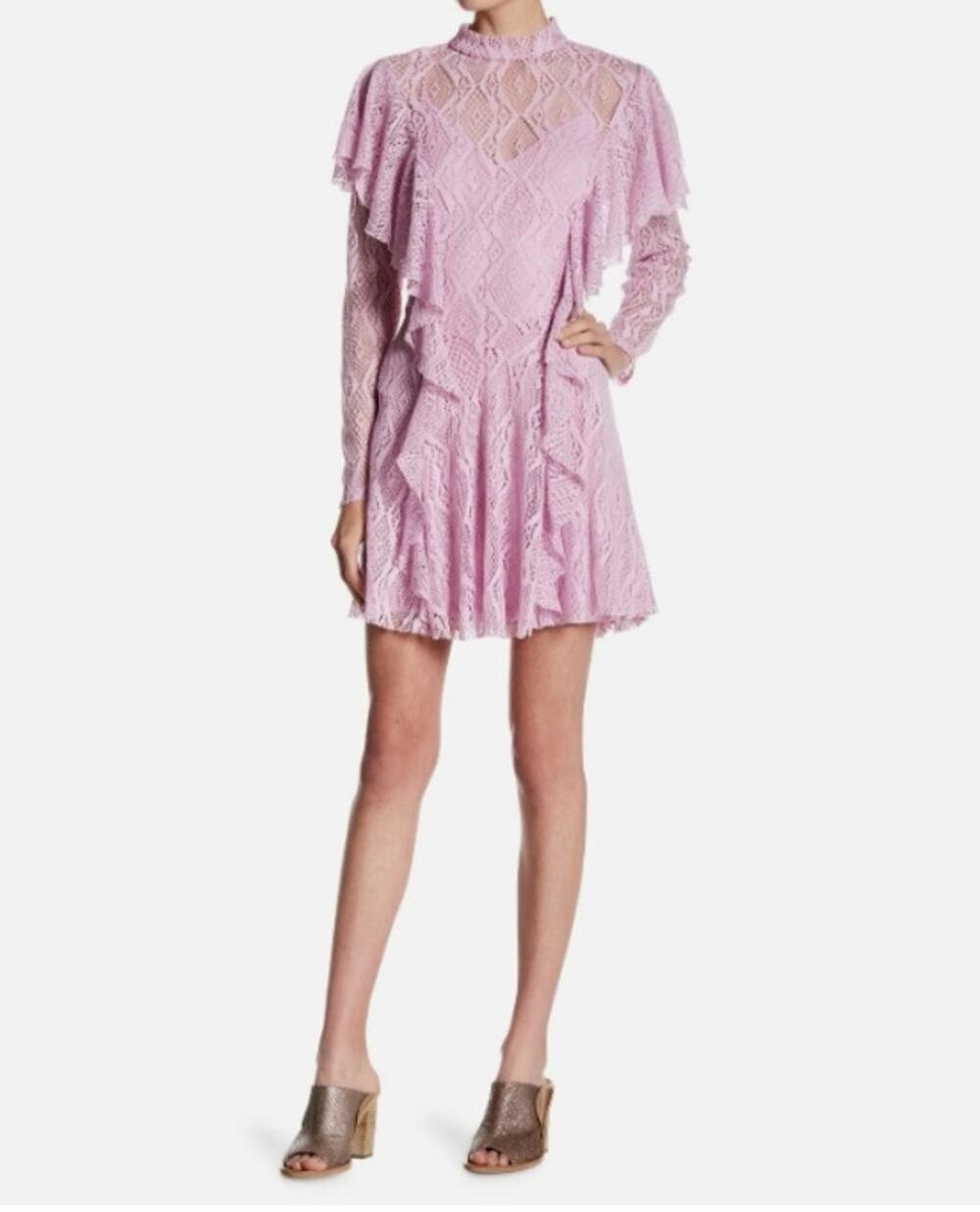 Free People M Rock Candy Lace Mini Dress Ruffle Mock Neck Coquette Boho Chic